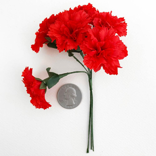 6 Red Fabric Carnation Flowers for Crafts ~ 1-3/8" across